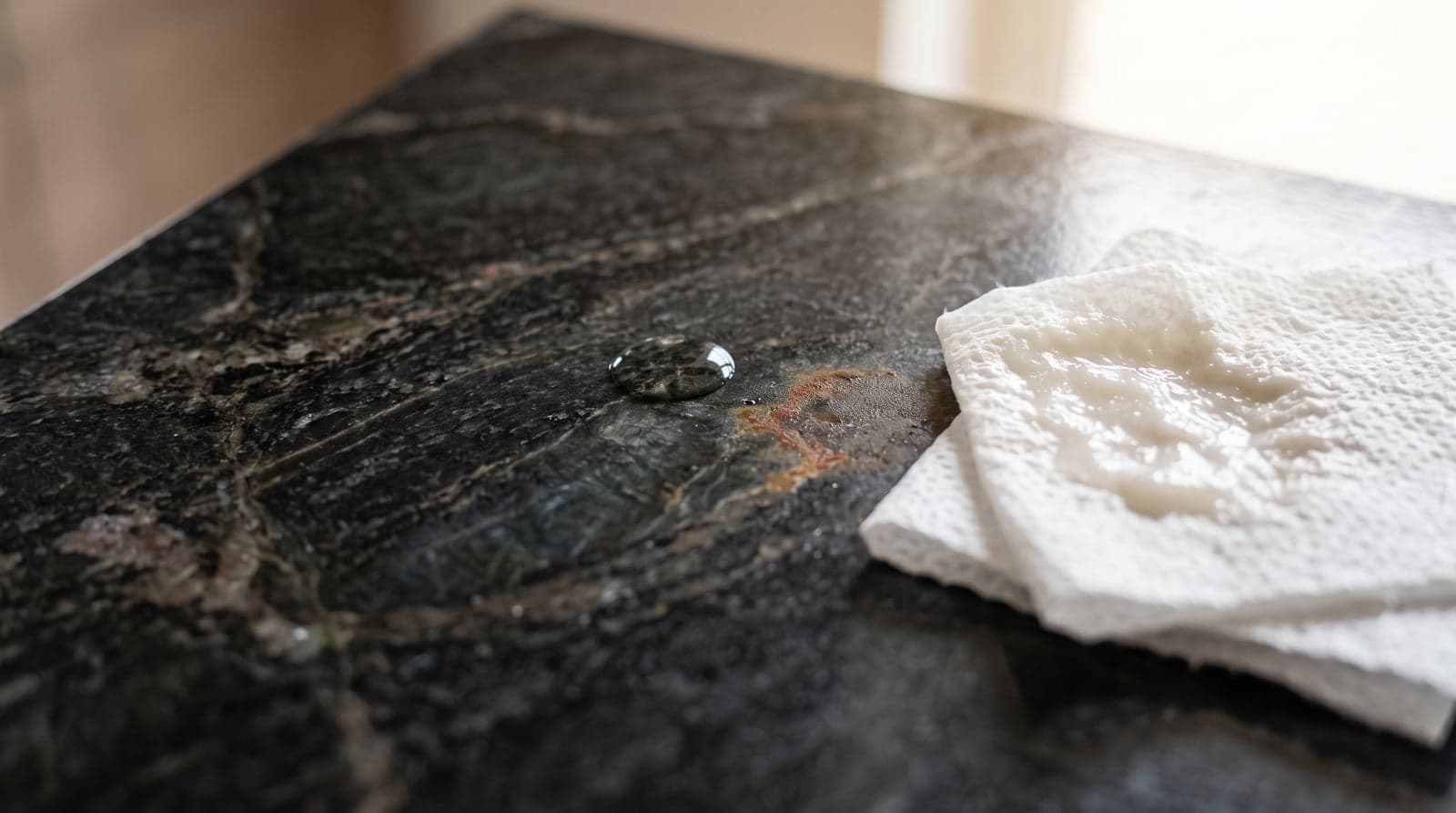Kropla wody na granitowym blacie oraz papierowy ręcznik czyszczący rozlaną ciecz — pielęgnacja kamienia naturalnego